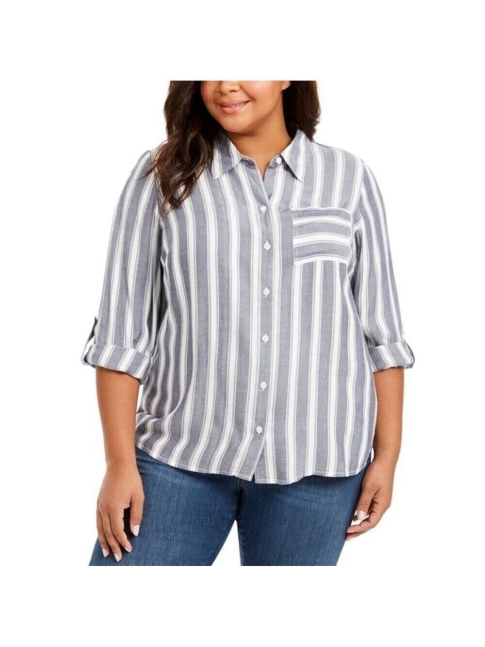 Style & Co NWT Gray White Striped Button Front Shirt 0X Plus Size